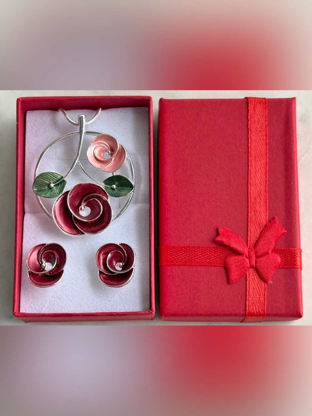 Floral Red and Pink Enamel Pendant Necklace and Earring Set